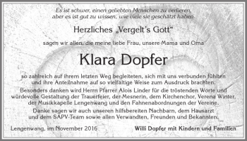 Traueranzeige von Klara Dopfer von Allgäuer Zeitung