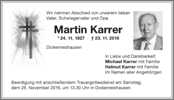 Traueranzeige von Martin Karrer von Memminger Zeitung