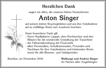 Traueranzeige von Anton Singer von Allgäuer Zeitung, Kaufbeuren/Buchloe