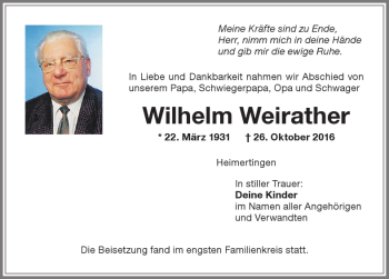 Traueranzeige von Wilhelm Weirather von Memminger Zeitung