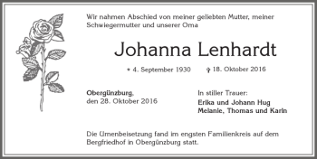 Traueranzeige von Johanna Lenhardt von Allgäuer Zeitung, Marktoberdorf