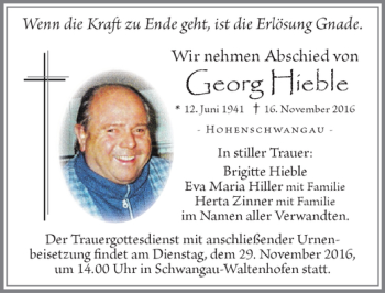 Traueranzeige von Georg Hieble von Allgäuer Zeitung, Füssen