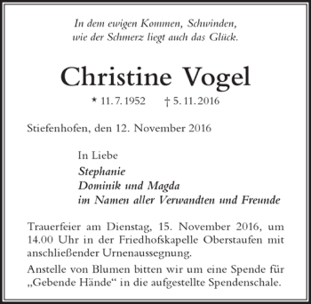 Traueranzeige von Christine Vogel von Der Westallgäuer