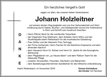 Traueranzeige von Johann Holzleitner von Memminger Zeitung