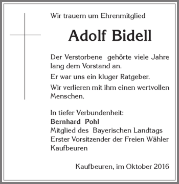 Traueranzeige von Adolf Bidell von Allgäuer Zeitung, Kaufbeuren/Buchloe