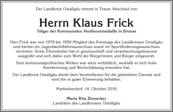 Traueranzeige von Klaus Frick von Allgäuer Zeitung