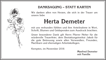 Traueranzeige von Herta Demeter von Allgäuer Zeitung,Kempten