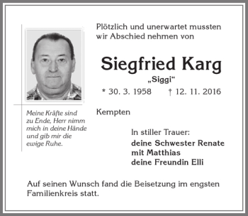 Traueranzeige von Siegfried Karg von Allgäuer Zeitung,Kempten