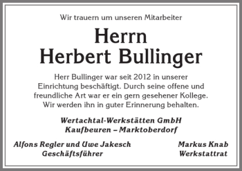 Traueranzeige von Herbert Bullinger von Allgäuer Zeitung, Marktoberdorf