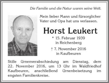 Traueranzeige von Horst Leukert von Allgäuer Zeitung, Kaufbeuren/Buchloe