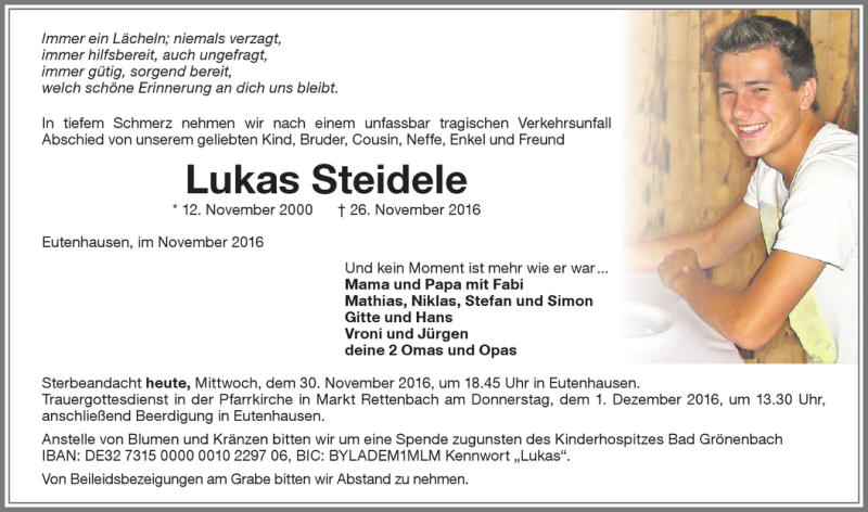  Traueranzeige für Lukas Steidele vom 30.11.2016 aus Allgäuer Zeitung