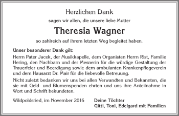 Traueranzeige von Theresia Wagner von Allgäuer Zeitung,Kempten