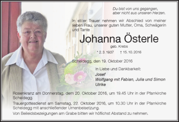Traueranzeige von Johanna Österle von Der Westallgäuer