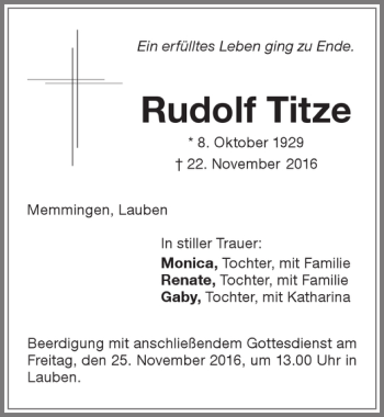 Traueranzeige von Rudolf Titze von Memminger Zeitung