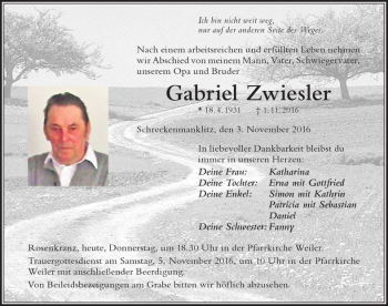 Traueranzeige von Gabriel Zwiesler von Der Westallgäuer