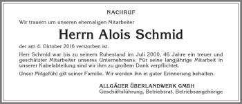 Traueranzeige von Alois Schmid von Allgäuer Zeitung,Kempten