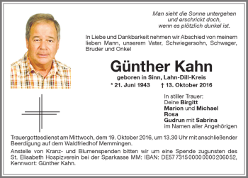 Traueranzeige von Günther Kahn von Memminger Zeitung