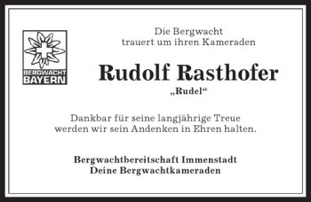 Traueranzeige von Rudolf Rasthofer von Allgäuer Anzeigeblatt