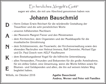 Traueranzeige von Johann Bauschmid von Allgäuer Zeitung, Marktoberdorf