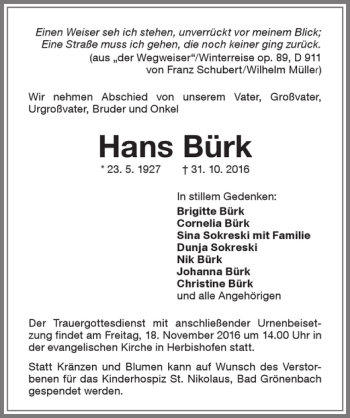 Traueranzeige von Hans Bürk von Memminger Zeitung