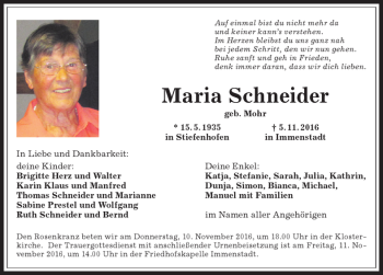 Traueranzeige von Maria Schneider von Allgäuer Zeitung