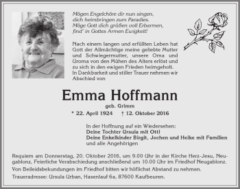 Traueranzeige von Emma Hoffmann von Allgäuer Zeitung, Kaufbeuren/Buchloe