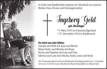 Traueranzeige von Ingeborg Gold von Allgäuer Zeitung, Marktoberdorf