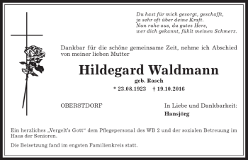 Traueranzeige von Hildegard Waldmann von Allgäuer Anzeigeblatt