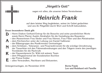 Traueranzeige von Heinrich Frank von Allgäuer Zeitung, Kaufbeuren/Buchloe