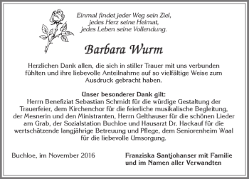Traueranzeige von Barbara Wurm von Allgäuer Zeitung, Kaufbeuren/Buchloe