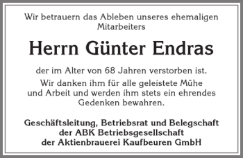 Traueranzeige von Günter Endras von Allgäuer Zeitung, Kaufbeuren/Buchloe