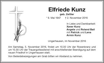 Traueranzeige von Elfriede Kunz von Memminger Zeitung