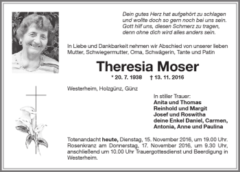 Traueranzeige von Theresia Moser von Memminger Zeitung