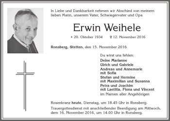 Traueranzeige von Erwin Weihele von Allgäuer Zeitung, Marktoberdorf