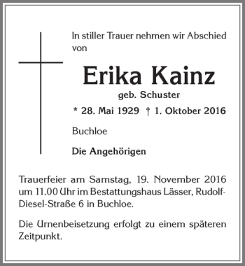 Traueranzeige von Erika Kainz von Allgäuer Zeitung, Kaufbeuren/Buchloe