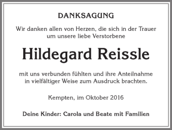 Traueranzeige von Hildegard Reissle von Allgäuer Zeitung,Kempten