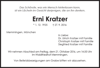 Traueranzeige von Erni Kratzer von Memminger Zeitung