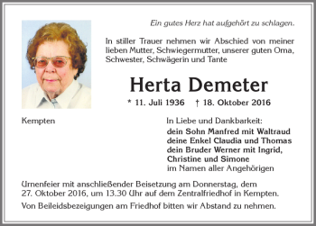 Traueranzeige von Herta Demeter von Allgäuer Zeitung,Kempten
