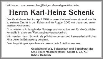 Traueranzeige von Karl-Heinz Schenk von Allgäuer Zeitung, Füssen