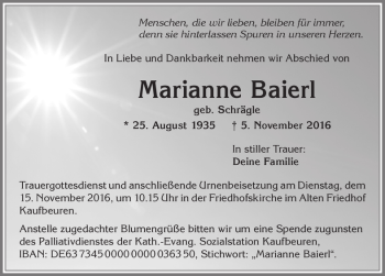 Traueranzeige von Marianne Baierl von Allgäuer Zeitung, Kaufbeuren/Buchloe