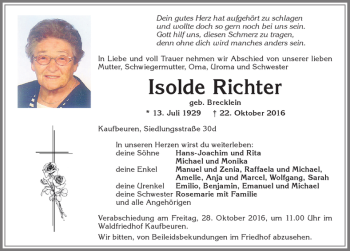 Traueranzeige von Isolde Richter von Allgäuer Zeitung, Kaufbeuren/Buchloe
