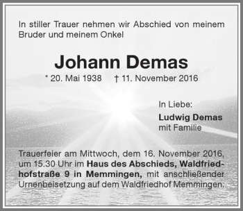 Traueranzeige von Johann Demas von Memminger Zeitung
