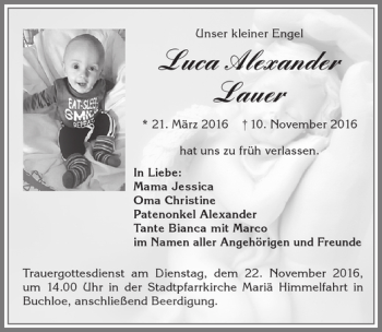 Traueranzeige von Luca Alexander Lauer von Allgäuer Zeitung, Kaufbeuren/Buchloe