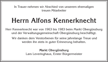 Traueranzeige von Alfons Kennerknecht von Allgäuer Zeitung, Marktoberdorf