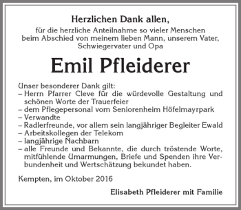 Traueranzeige von Emil Pfleiderer von Allgäuer Zeitung,Kempten