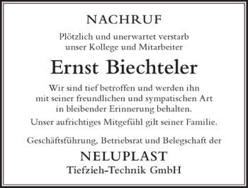 Traueranzeige von Ernst Biechteler von Memminger Zeitung
