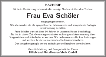 Traueranzeige von Eva Schöler von Allgäuer Zeitung, Kaufbeuren/Buchloe