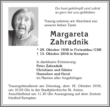 Traueranzeige von Margareta Zahradnik von Allgäuer Zeitung,Kempten