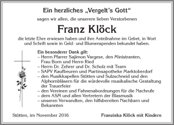 Traueranzeige von Franz Klöck von Allgäuer Zeitung, Marktoberdorf