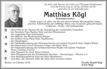 Traueranzeige von Matthias Kögl von Allgäuer Zeitung, Kaufbeuren/Buchloe